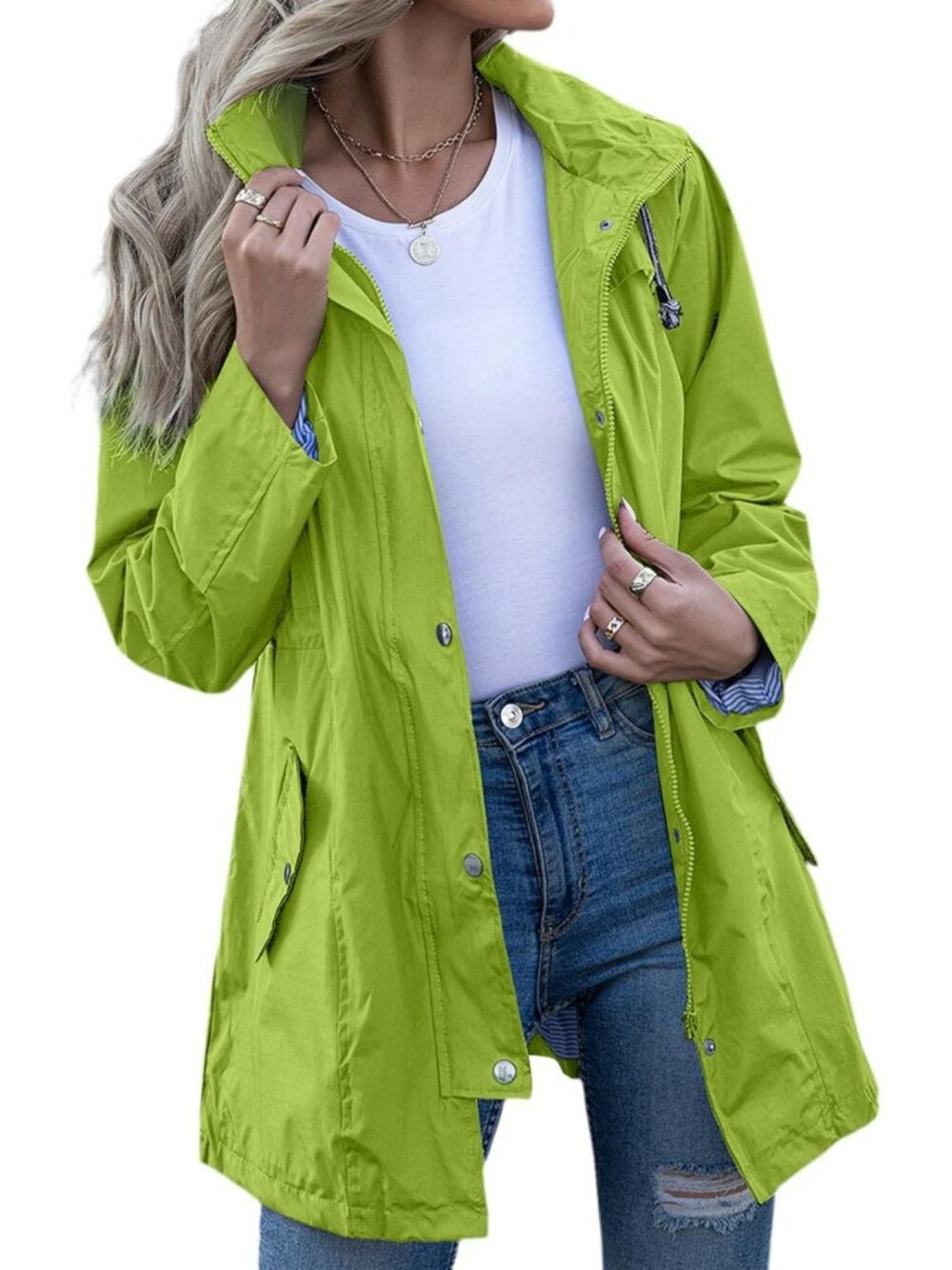 Lightweight Hooded Rain Jacket for Women | Striped Waterproof Windbreaker